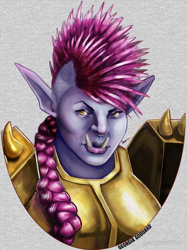 Cover Image depicts an orc character inspired by the style of World of Warcraft Troll characters. She has a pink mohawk with a long braid, long tusks, and golden spiky armour.
