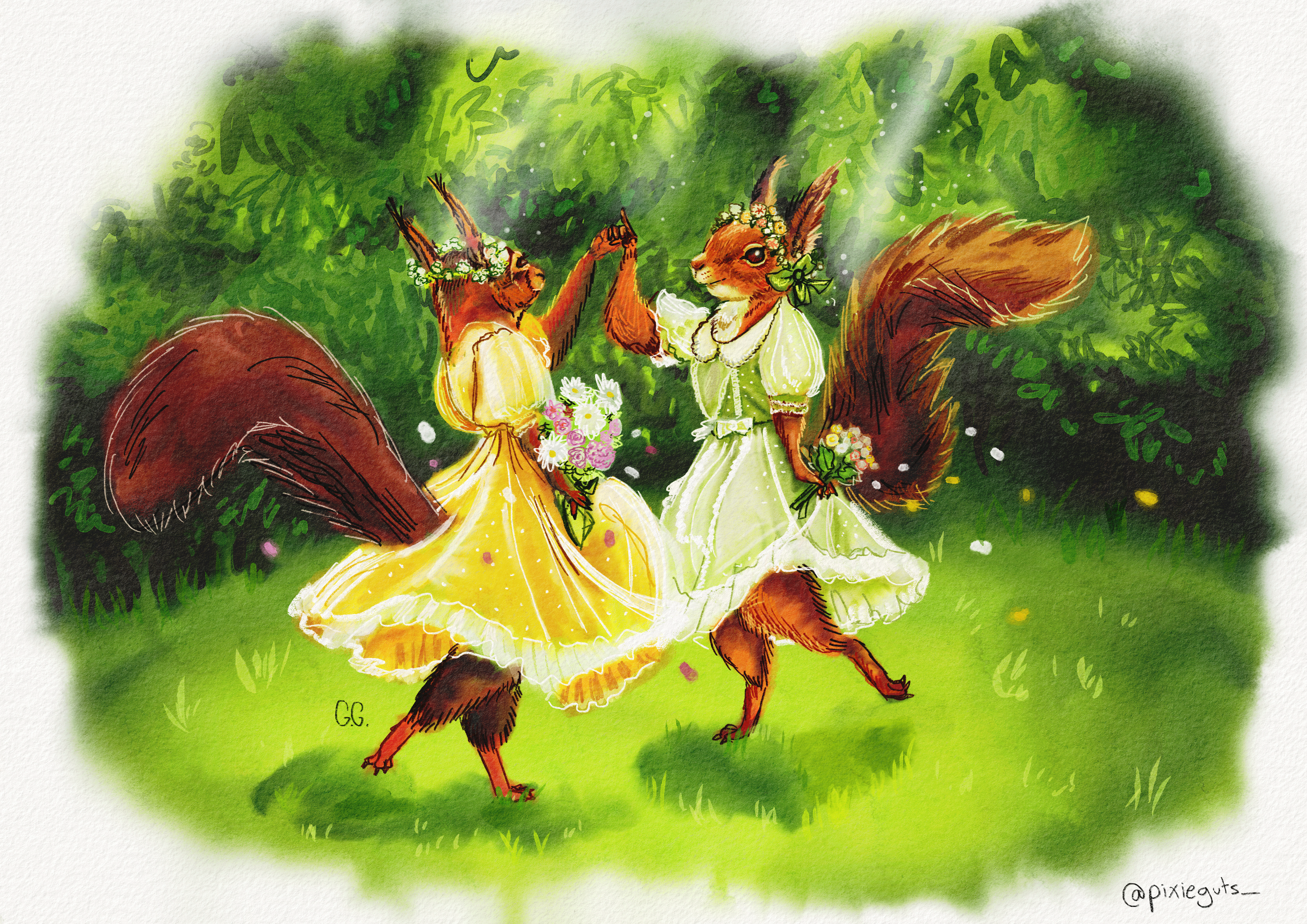 A digital watercolour illustration of two Biritish Red squirrels wearing bright, pretty, colourful dresses, dancing in a garden together. The squirrels are wearing flower crowns and holding hands, with a bouquet in their free hands.