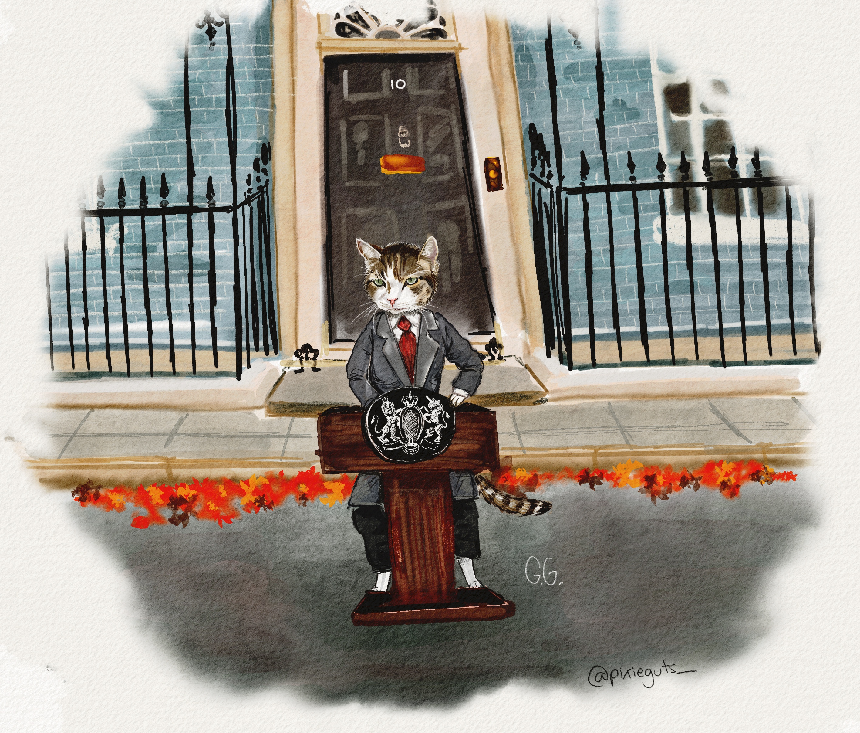 A digital watercolour illustration of well-loved cat, Larry the Number 10 Cat, painted as the Prime Minister of Great Britain, giving a speech in front of Number 10 Downing Street.