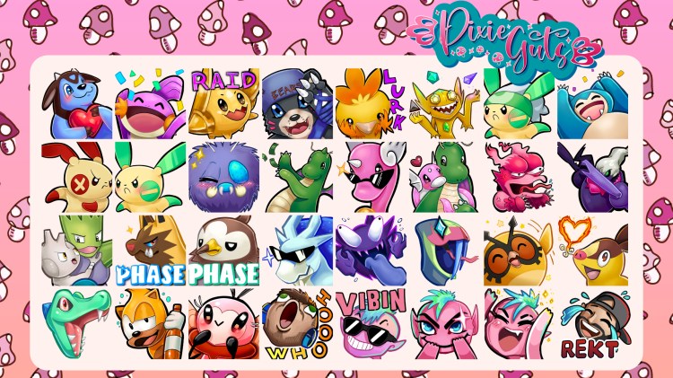 Cover Image depicts a variety of twitch emotes created under the alias 'PixieGuts', mostly pokemon emotes but also included are digimon emotes and some imp character emotes. Some featured pokemon emotes are Magmar Madge, Seviper Pog, Torchic lurk, Darkrai Dabbing, Dragonite and Dratini hugging, and many more.