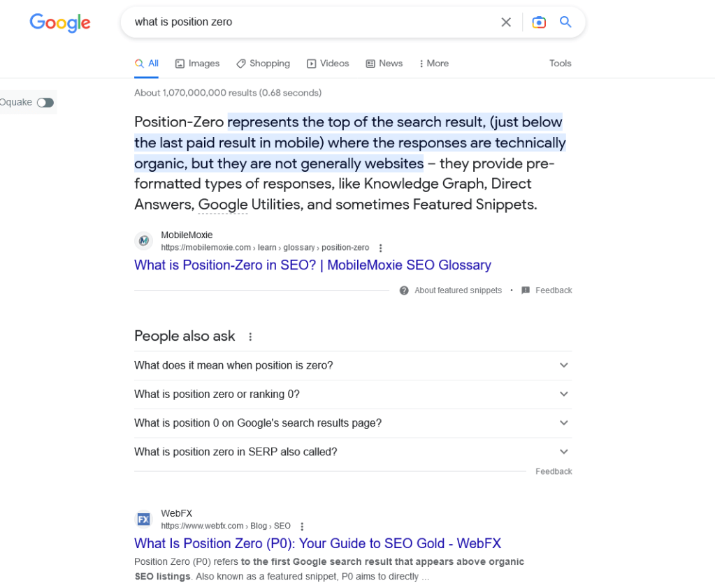 Screenshot of a Google Search of 'what is position zero'.