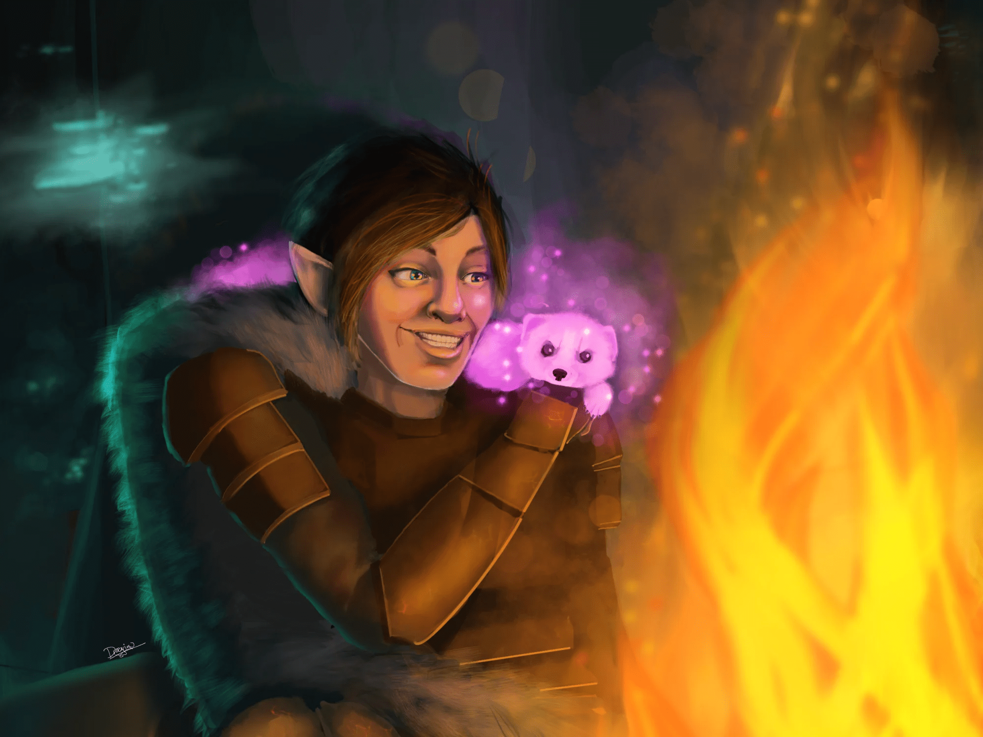 An illustration of a scene from Dungeons and Dragons (dnd). It depicts a halfling bard casting Find Familiar, summoning a weasel familiar while sitting in front of a fire while camping. She is wearing leather armour, with a wolf fur cloak over her shoulder. A forest background can be seen, with glowing mushrooms growing on the surrounding trees and casting a blue rim light on the character. The weasel is glowing pink.