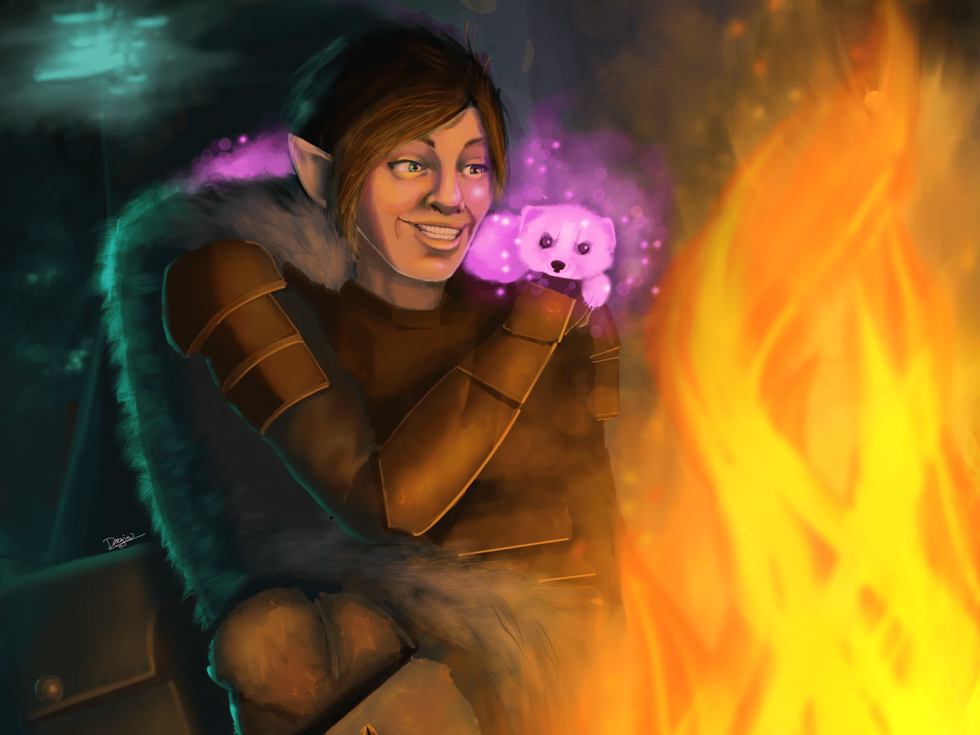 An illustration of a scene from Dungeons and Dragons (dnd). It depicts a halfling bard casting Find Familiar, summoning a weasel familiar while sitting in front of a fire while camping. She is wearing leather armour, with a wolf fur cloak over her shoulder. A forest background can be seen, with glowing mushrooms growing on the surrounding trees and casting a blue rim light on the character. The weasel is glowing pink.